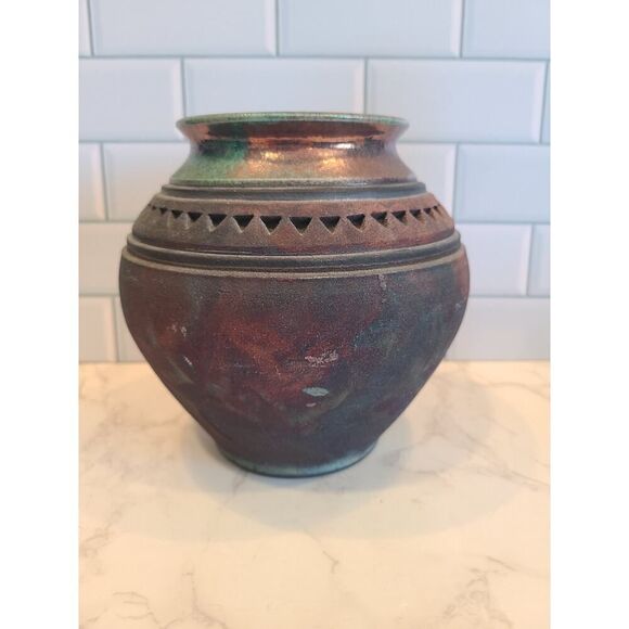 John Melkonian Raku Studio Pottery Vase Incised Triangle Design Signed 2010 EUC - Picture 11 of 16